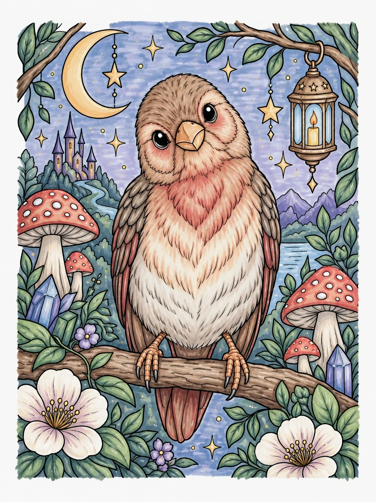 Colored example of the Curious Finch In Magical Forest coloring page