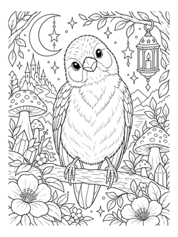 Detailed finch coloring page perched amid fantasy mushrooms, a lantern, and distant castle.