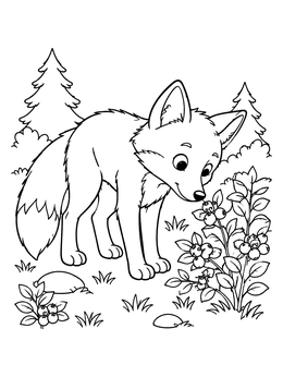 A sweet fox coloring page showing a pup sniffing wild berries.