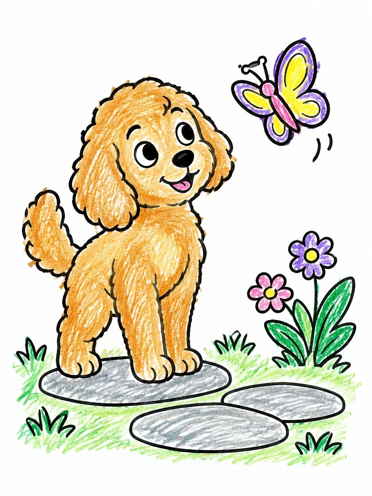 Colored example of the Curious Goldendoodle With Butterfly coloring page