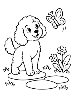 Free printable Curious Goldendoodle With Butterfly coloring page