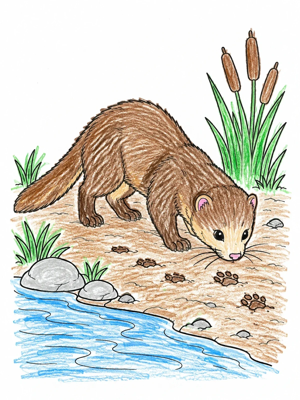 Colored example of the Curious Mink By The Riverbank coloring page