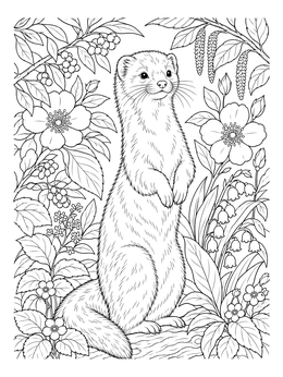An alert mink standing upright amid blossoms and leaves on this detailed mink coloring page.