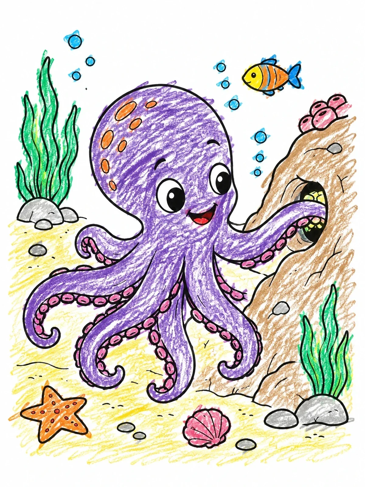 Colored example of the Curious Octopus Exploring A Coral Cave coloring page