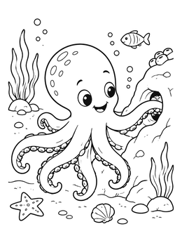 A friendly octopus coloring page showing an octopus reaching into an underwater rock hole.