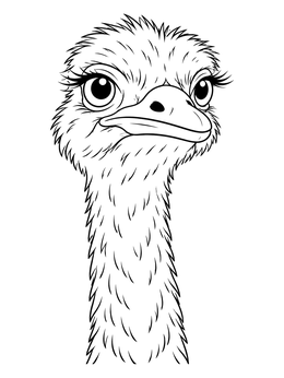 A close-up ostrich coloring page with large eyes and long eyelashes.