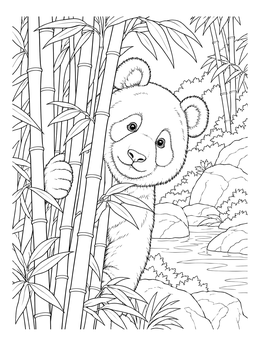 A sweet panda looks out on this bamboo coloring page set in a forest.
