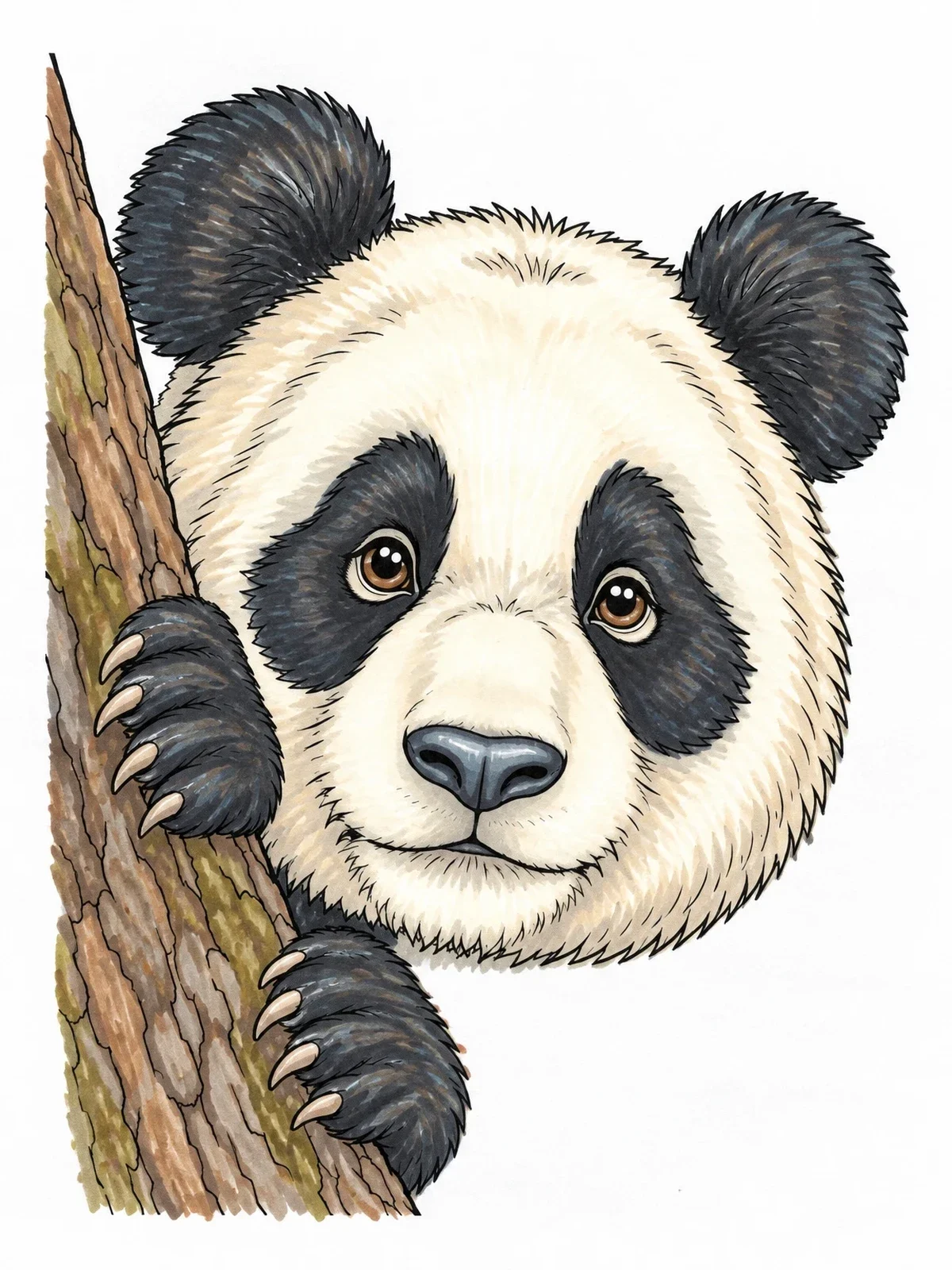 Colored example of the Curious Panda Peeking Behind Tree coloring page
