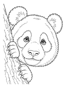 A panda coloring page showing a fluffy bear peeking from behind a textured tree trunk.