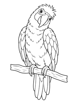 A curious parrot coloring page featuring tilted head and detailed plumage on a branch.