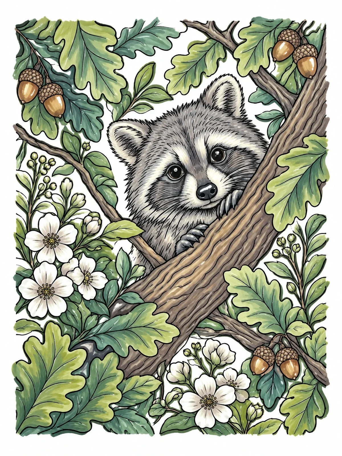 Colored example of the Curious Raccoon In Oak Foliage coloring page