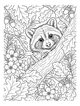 A curious raccoon peers from branches in this detailed oak tree coloring page.