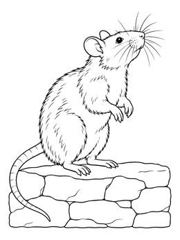A detailed rat coloring page showing a rat standing upright on a stone wall sniffing the air.