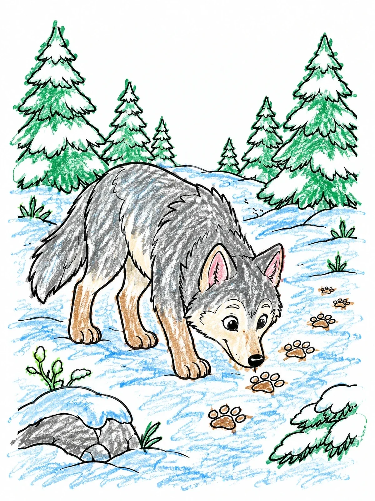 Colored example of the Curious Wolf Tracking Forest Paw Prints coloring page