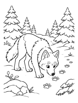 Free printable Curious Wolf Tracking Forest Paw Prints coloring page