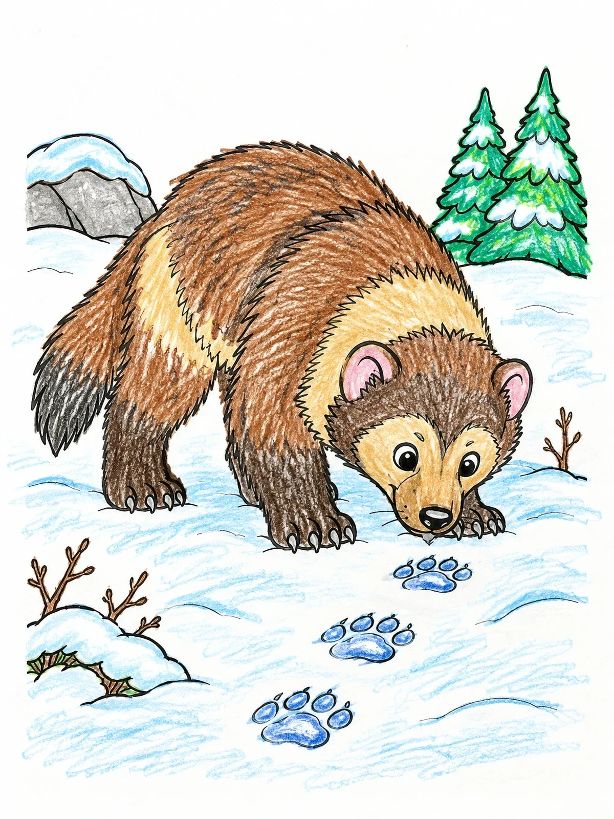 Colored example of the Curious Wolverine Following Fresh Snow Tracks coloring page