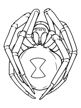 A black widow spider coloring page showing the arachnid curled into a defensive posture.