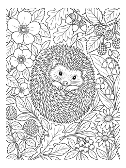 A detailed hedgehog coloring page surrounded by woodland plants, berries, and flowers.