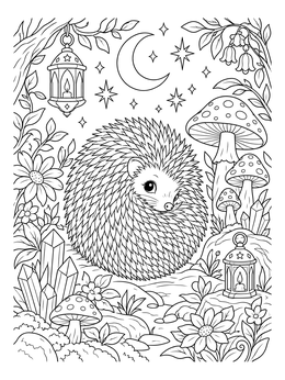 A curled up hedgehog coloring page surrounded by mushrooms, lanterns, and stars.