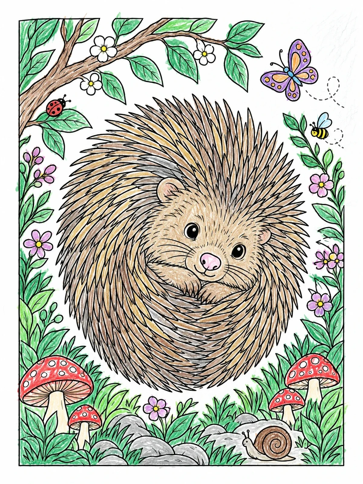 Colored example of the Curled Porcupine In The Forest coloring page