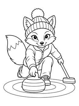 A cute fox curler slides on the ice in this curling coloring page.