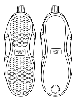 A curling coloring page showing the textured gripper sole and smooth slider sole of sports shoes.