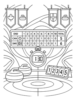 A detailed curling coloring page featuring an arena scoreboard, team banners, stopwatch, and stones.
