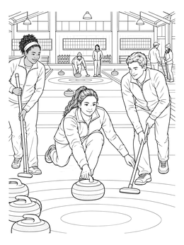 A realistic curling coloring page showing players sliding stones down the rink.