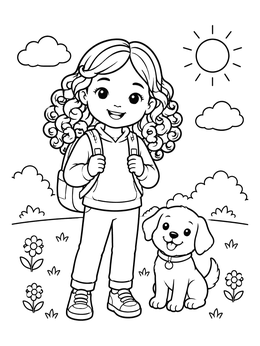 Free printable Curly Haired Girl And Puppy coloring page