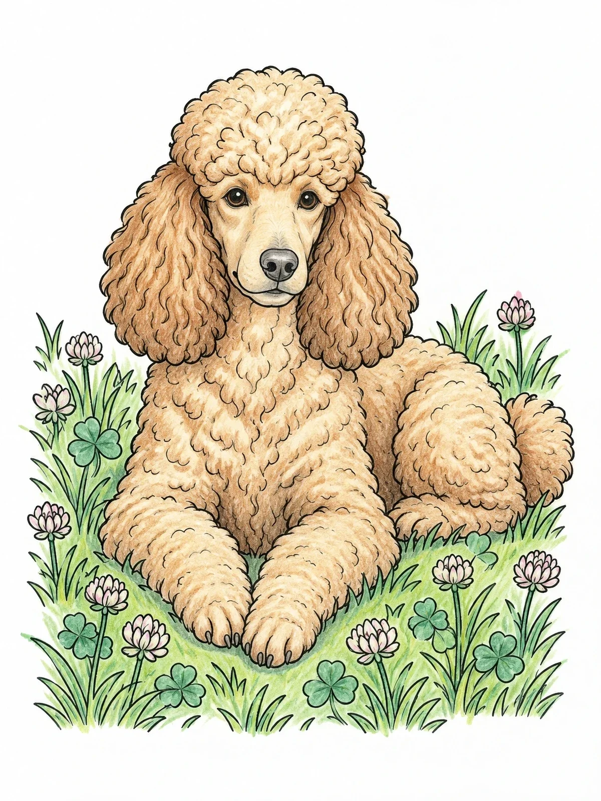 Colored example of the Curly Poodle Resting In Clover Meadow coloring page
