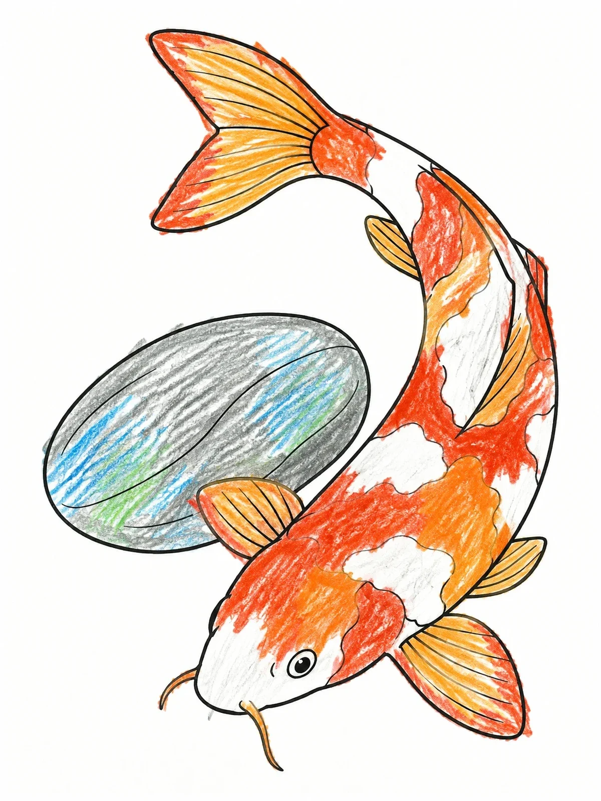 Colored example of the Curving Koi Fish By River Stone coloring page