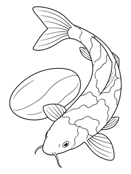 A graceful koi fish coloring page featuring a carp curving around a smooth river stone.