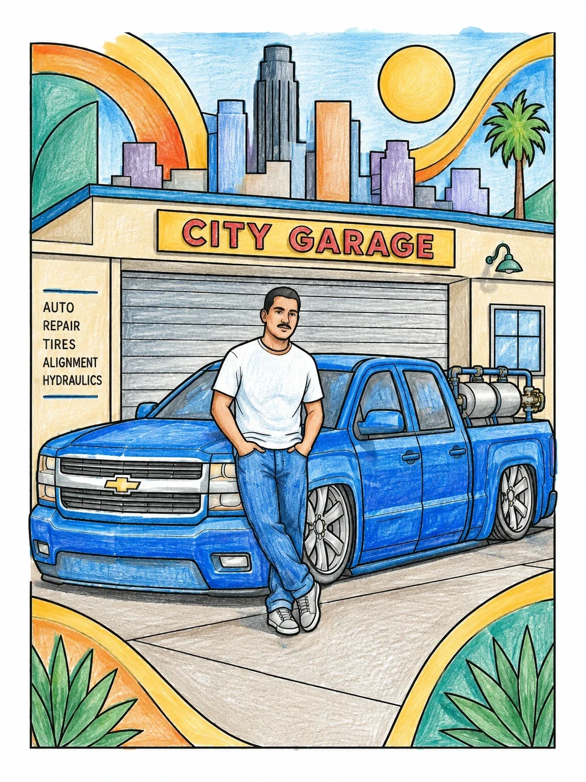 Colored example of the Custom Lowrider Pickup At City Garage coloring page