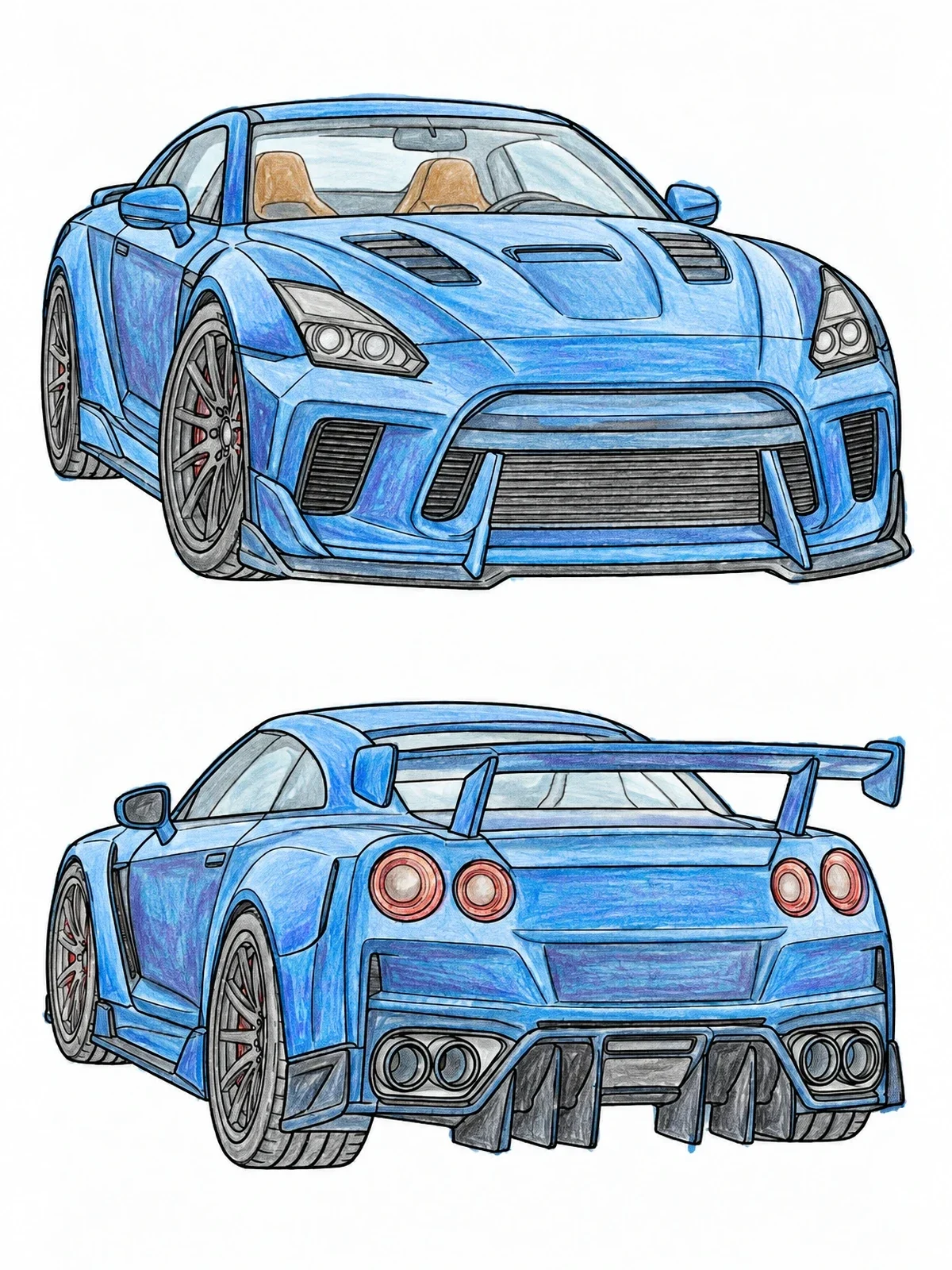 Colored example of the Custom Wide Body Sports Car Views coloring page
