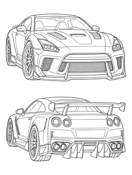 Front and rear views of a tuned vehicle in this detailed sports coloring page.
