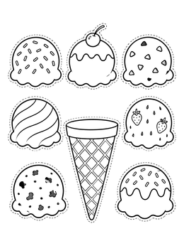 An ice cream scoops coloring page featuring a waffle cone and assorted scoops to cut out.