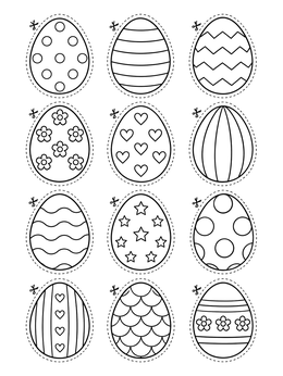 Twelve decorated items on this easter eggs coloring page with dashed cut lines.