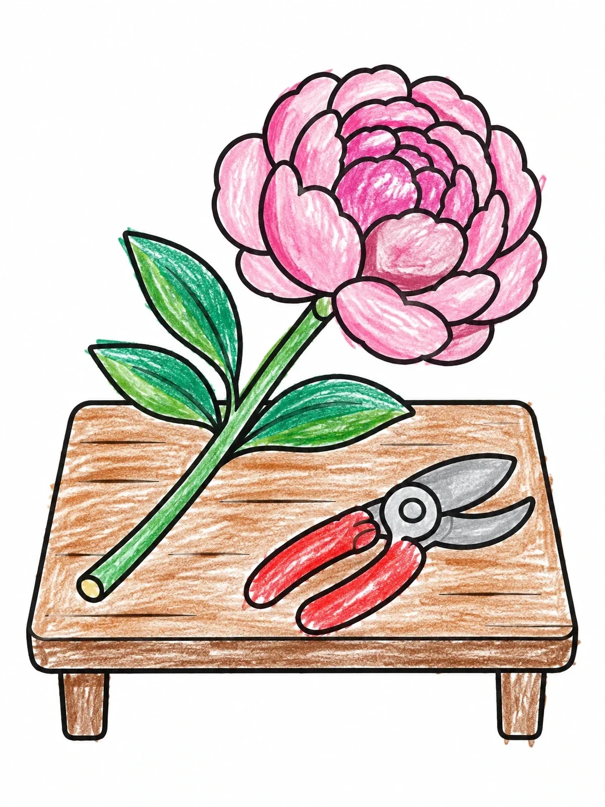 Colored example of the Cut Peony Bloom On Wooden Bench coloring page