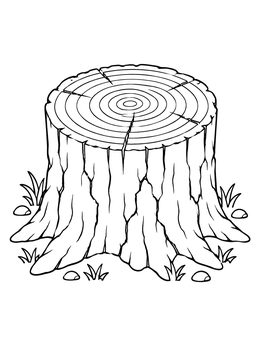 Detailed tree coloring page showing a cut tree stump with growth rings surrounded by grass.