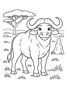 Free printable Cute Cape Buffalo On The Savanna coloring page