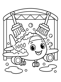 A cheerful cartoon airplane coloring page getting washed with soap suds and big brushes in a hangar.