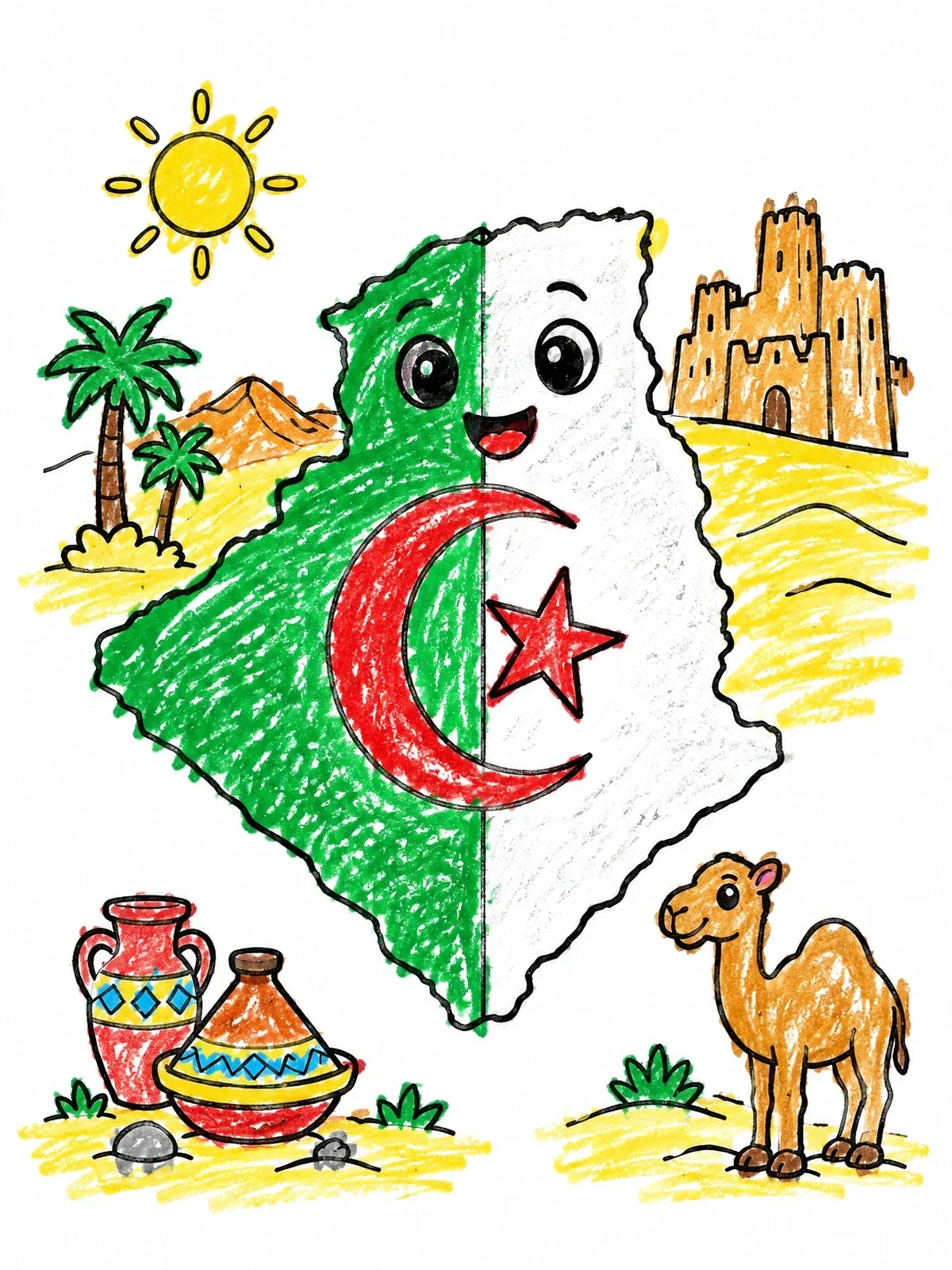 Colored example of the Cute Algeria Map And Desert Elements coloring page
