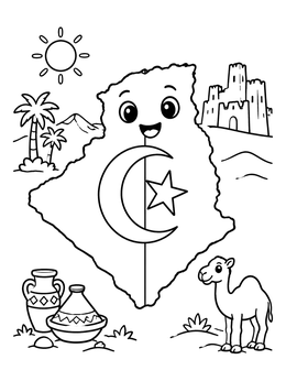 Free printable Cute Algeria Map And Desert Elements coloring page