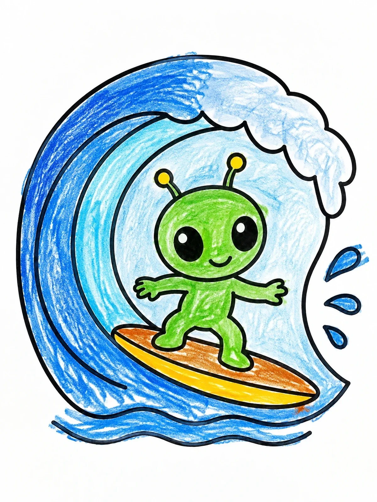 Colored example of the Cute Alien Surfing A Wave coloring page