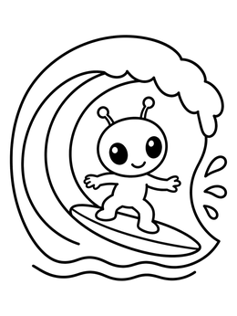 Free printable Cute Alien Surfing A Wave coloring page