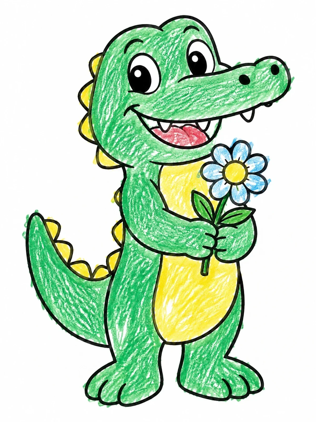 Colored example of the Cute Alligator Holding A Flower coloring page