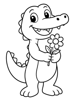 A cheerful cartoon character in this alligator coloring page holding a small flower.