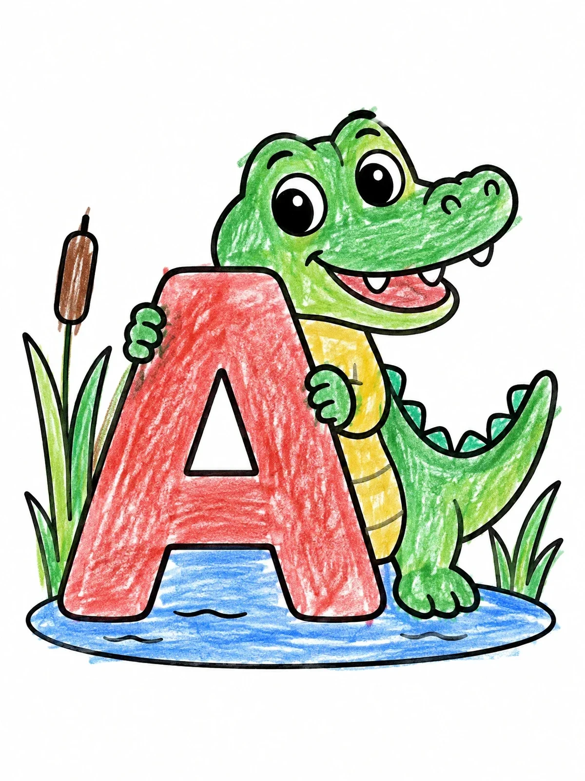 Colored example of the Cute Alligator With Letter A coloring page