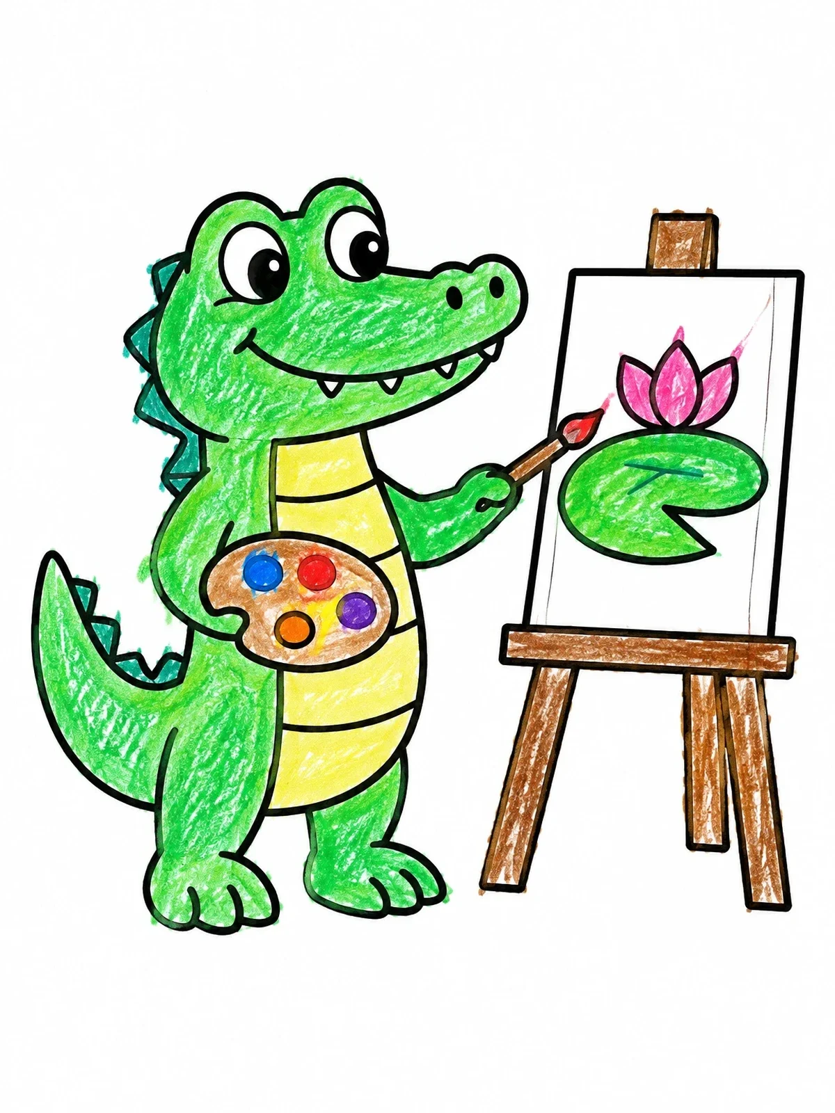 Colored example of the Cute Alligator Painting A Lily Pad coloring page