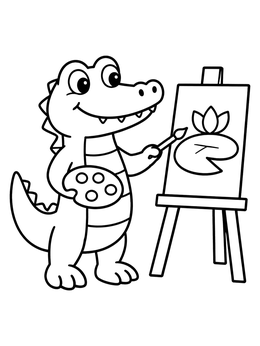 A friendly alligator coloring page featuring an artist painting on an easel.